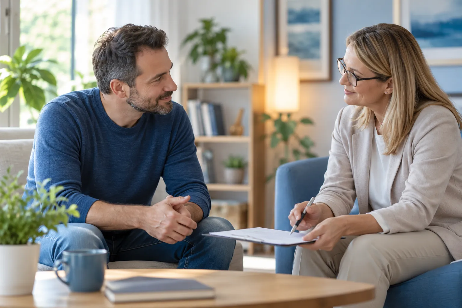 Консультация специалиста с пациентом перед реабилитацией от алкогольной зависимости